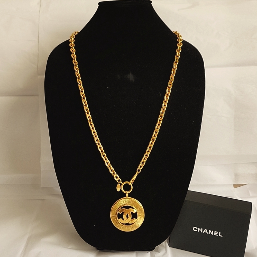 Authentic Vintage CHANEL Logo Pendant Necklace Gold